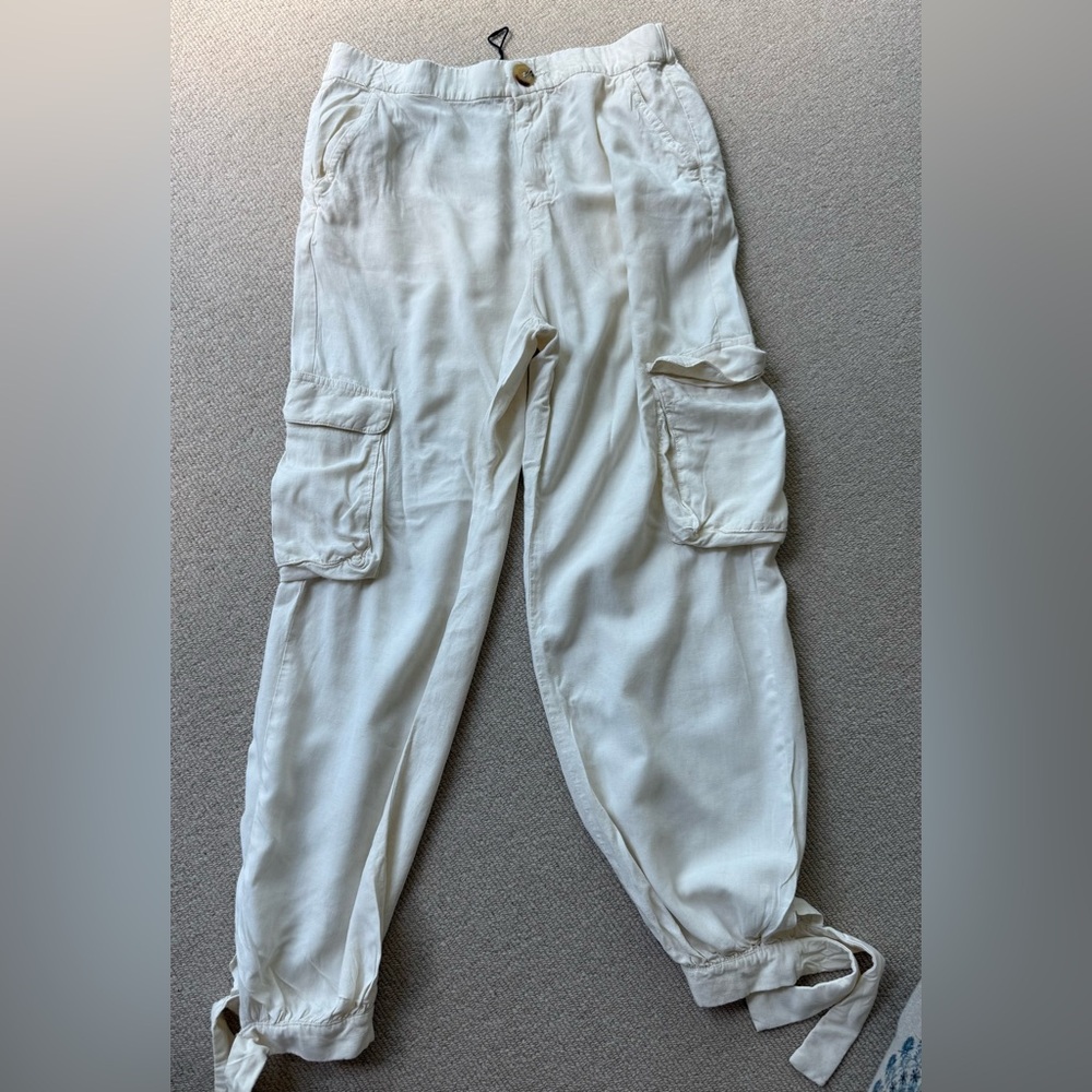 ZARA COLLECTION | linen beige Cream Elastic Waist Joggers Pants pockets medium